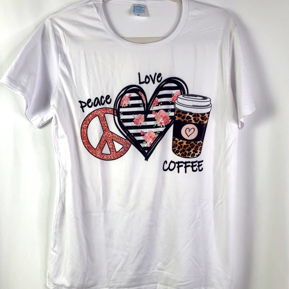 NWOT Tees Peace, Love, Coffee white t-shirt